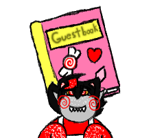 Tricky looking up excitably with a pink book behind his head that says Guestbook on it. It has a heart, diamond, and peppermint candy stickers on it.